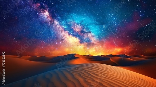 A nocturnal scene in a desert, showcasing vast sands and towering dunes under a mesmerizing galaxy-filled sky