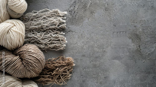  Wool yarn balls on grey textured background. photo