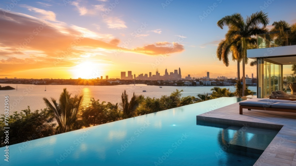 Modern villa with a private rooftop infinity pool overlooking the Miami skyline in Florida