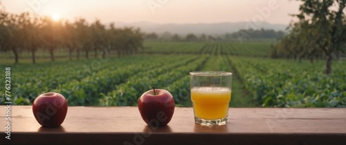 Fresh apples and apple juice on table, orchard background. Harvest