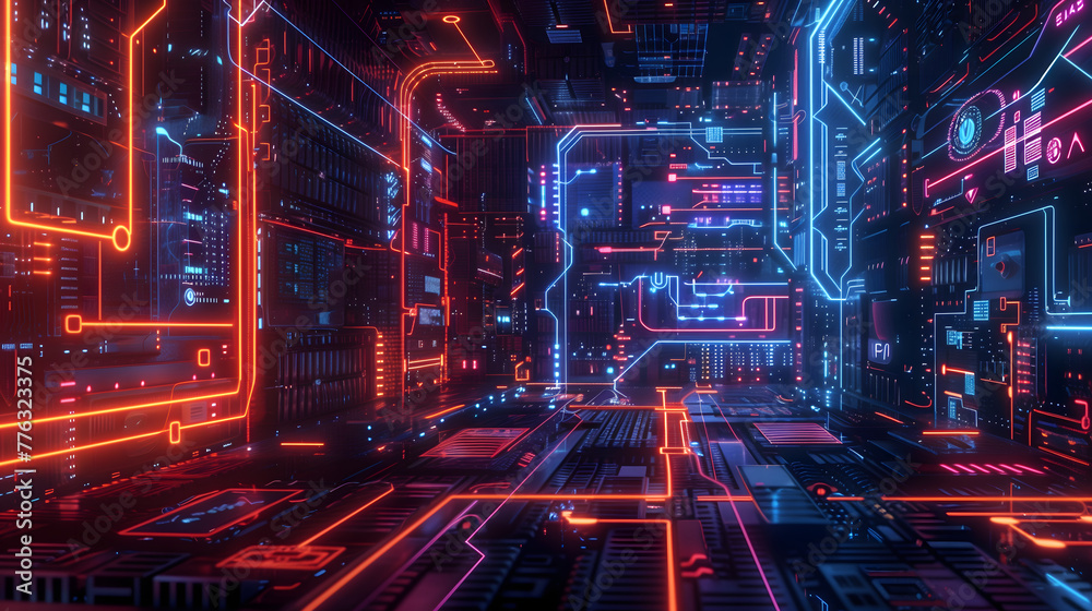 A futuristic digital landscape with neonlit circuit board patterns and holographic displays, representing the technological evolution of AI technology in virtual worlds