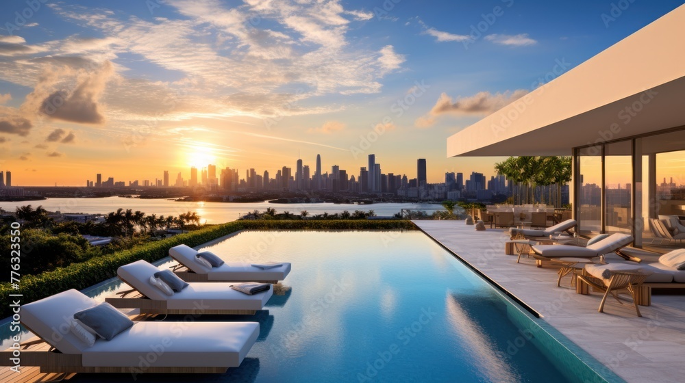 Modern villa with a private rooftop infinity pool overlooking the Miami skyline in Florida