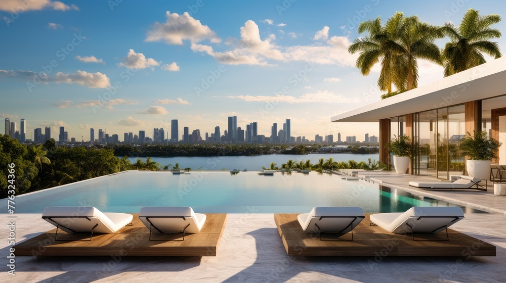 Fototapeta premium Modern villa with a private rooftop infinity pool overlooking the Miami skyline in Florida