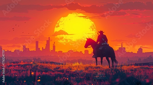A silhouette art captures a desert western scene, with a horse and rider in the background. The stark contrast creates a dramatic and evocative image, highlighting the rugged beauty of the desert land