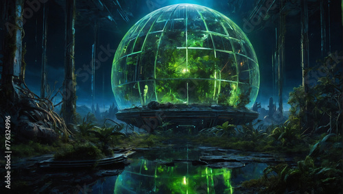 In the midst of a crumbling post-apocalyptic holographic space habitat, the central focus is a massive crystalline dome shimmering with vibrant shades of neon green and electric blue.