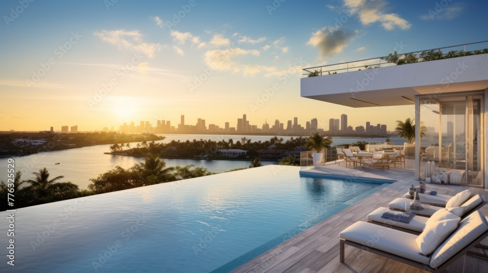 Modern villa with a private rooftop infinity pool overlooking the Miami skyline in Florida