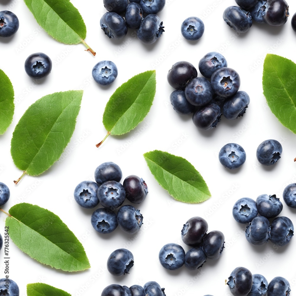 Fresh raw blueberry with green leaves on white. Top view flat lay Fresh raw blueberry with green leaves on white. Top view flat lay