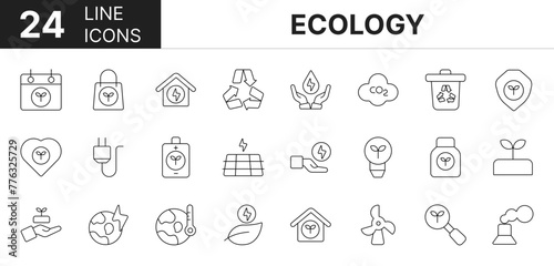 Collection of 24 Ecology line icons featuring editable strokes. These outline icons depict various modes of Ecology, Nature, Travel,