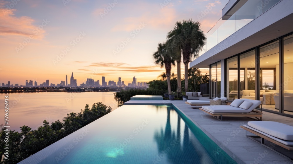 Modern villa with a private rooftop infinity pool overlooking the Miami skyline in Florida