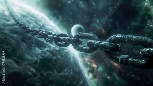 3D illustration of chain links over planet Earth. Science fiction art.