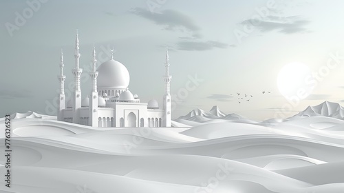 A vector greeting card for Ramadan Kareem featuring a mosque against an empty space on a full-color white background. The image includes a crescent moon and follows a minimalistic Islamic style.
