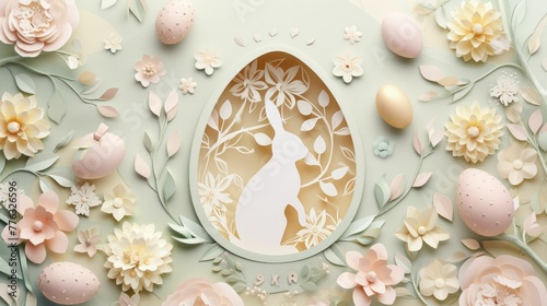 A bunny figurine made of porcelain inside an eggshaped dishware, surrounded by easter eggs and natural material flowers. Creative arts meets serveware in a festive event setting AIG42E photo