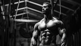 In black and white, shirtless African American male bodybuilder poses in the gym.