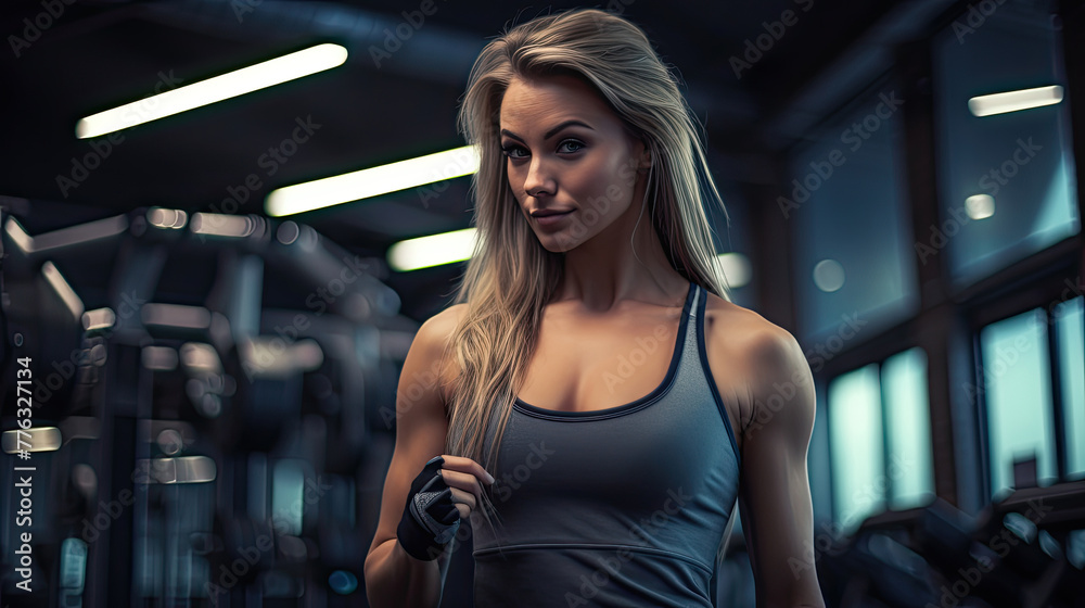 A female fitness trainer stands in the gym.