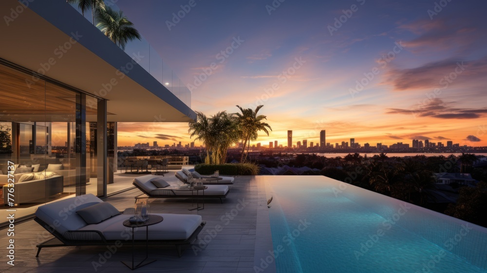 Fototapeta premium Modern villa with a private rooftop infinity pool overlooking the Miami skyline in Florida