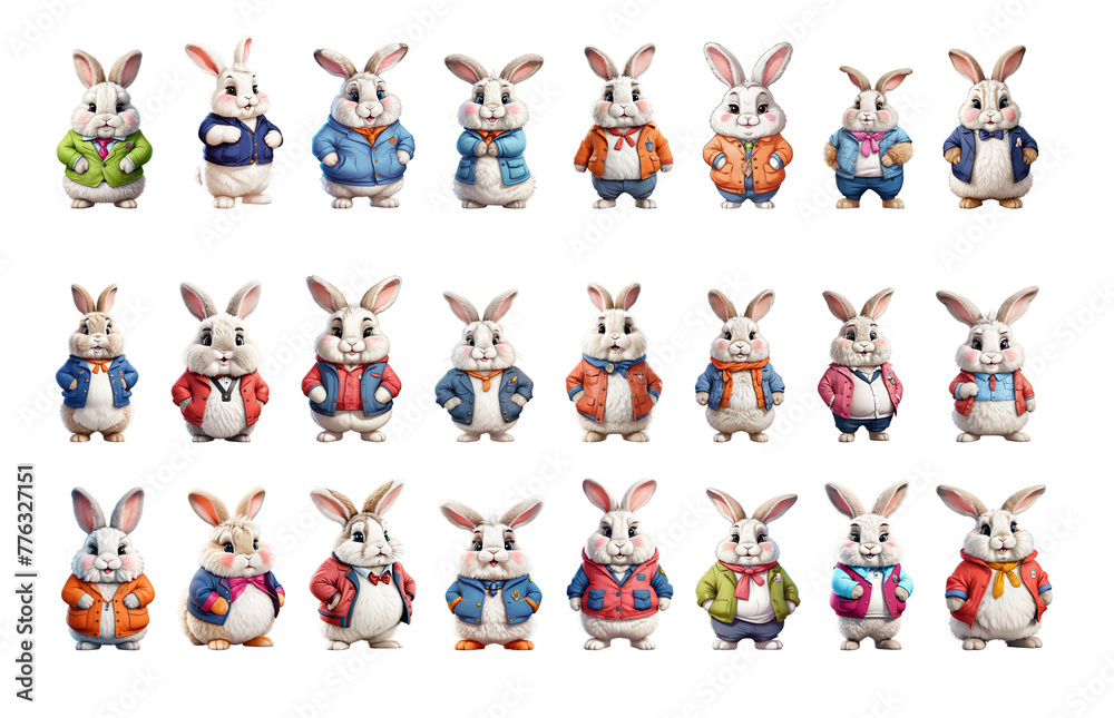Cartoon 3D rabbits in stylish clothes, cute, nerd, chubby, plump. Big ...