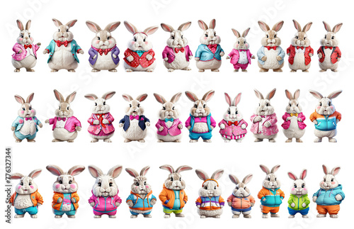 Cartoon 3D rabbits, hares boys in clothes, cute, nerd, chubby, plump. Set of isolated clipart on transparent background for print, stickers, cards, web © Constantine Art