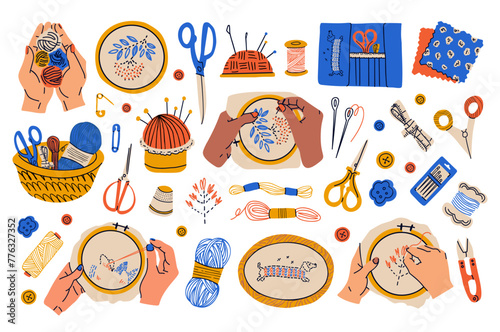 Set with different sewing and embroidery tools on white background.  Colored flat vector illustration of printable backdrop