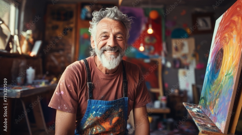 Elderly smiling Caucasian man artist next to his artwork in an art studio. Concept of artistic talent, senior creativity, art therapy, interesting hobby, exciting leisure time, oil painting
