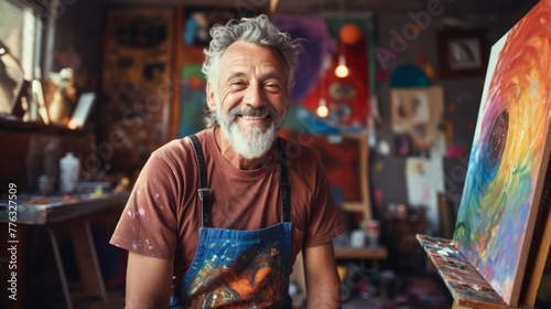 Elderly smiling Caucasian man artist next to his artwork in an art studio. Concept of artistic talent, senior creativity, art therapy, interesting hobby, exciting leisure time, oil painting