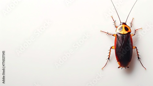 Brown Cockroach isolated on a white background. Top view. Close up of a pest insect. Concept of infestation, pest control, hygiene, domestic cleanliness, extermination, sanitation. Banner. Copy space