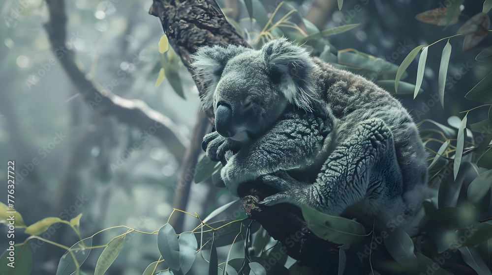 Fototapeta premium A serene scene of a koala resting peacefully on a tree branch, the surrounding foliage softly blurred, creating a tranquil atmosphere with room for text