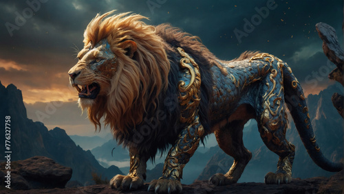 In the midst of a surreal dreamscape, a daunting luminous manticore prowls with majestic ferocity. photo