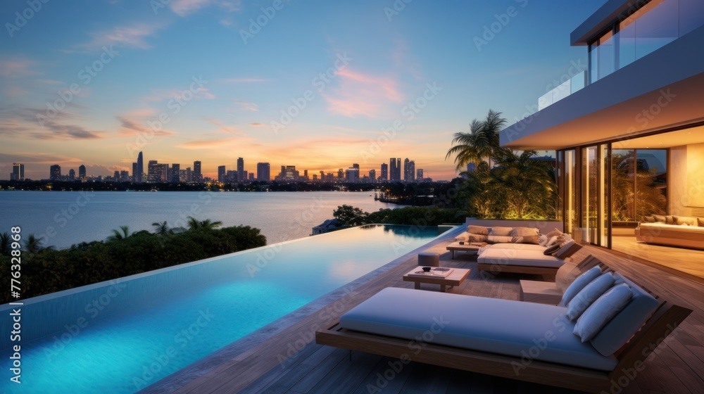 Fototapeta premium Modern villa with a private rooftop infinity pool overlooking the Miami skyline in Florida