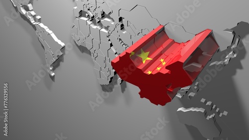 3D Metallic World Map Highlighting China with Flag Overlay © juanjo
