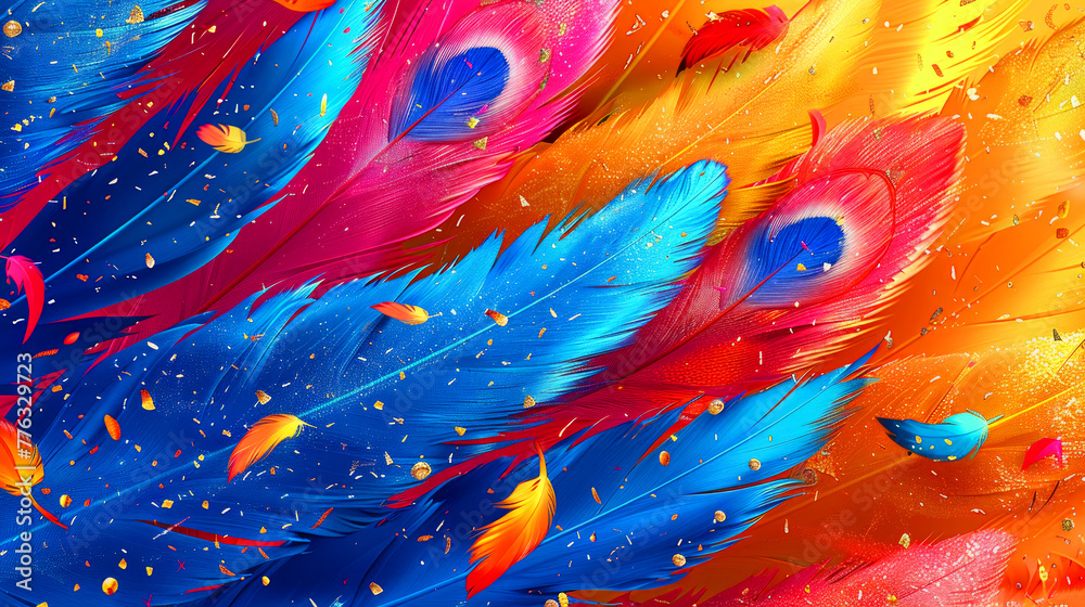 A colorful image of feathers with a bright orange background. The feathers are in various colors, including blue, red, and yellow. The image has a vibrant and lively feel to it, with the colors