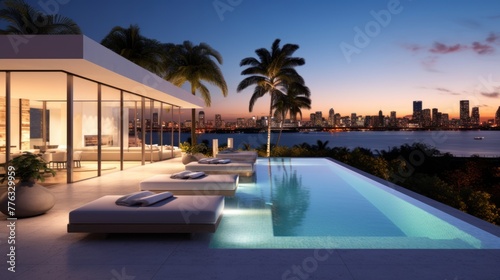 Modern villa with a private rooftop infinity pool overlooking the Miami skyline in Florida