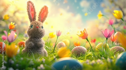 Easter Bunny's Colorful Egg Hunt. AI generative.