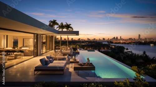 Modern villa with a private rooftop infinity pool overlooking the Miami skyline in Florida © Damian Sobczyk