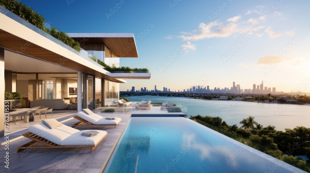 Obraz premium Modern villa with a private rooftop infinity pool overlooking the Miami skyline in Florida