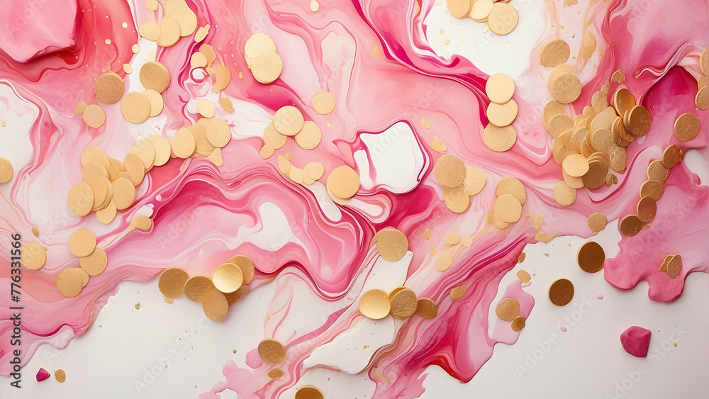 Soft pink hues mixed with luxurious gold splashes in a flowing abstract pattern resembling marble