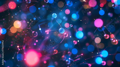 Abstract futuristic glowing network background with particles and connections, colorful, depth of field, bokeh photo