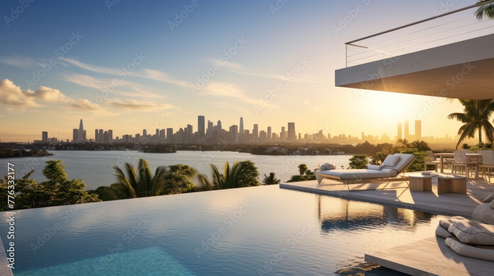 Fototapeta premium Modern villa with a private rooftop infinity pool overlooking the Miami skyline in Florida