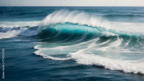 Realistic image of a powerful ocean wave cresting and crashing towards the shore with visible spray