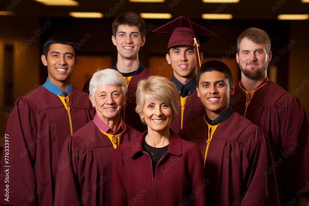 Obraz premium Graduate surrounded by professors and teachers, symbolizing guidance and mentorship