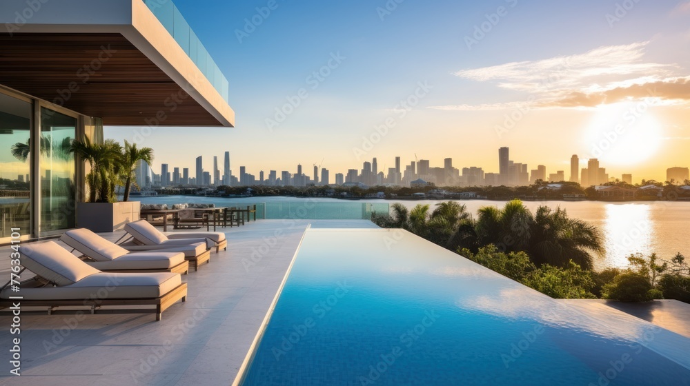 Fototapeta premium Modern villa with a private rooftop infinity pool overlooking the Miami skyline in Florida