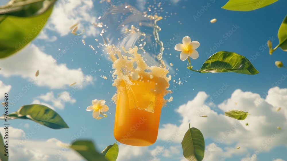 Orange juice poured out of the cup with leaf and clouds - obrazy, fototapety, plakaty 