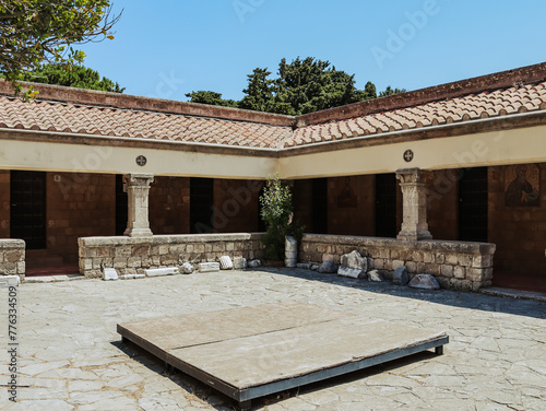 Beautiful view of the inner courtyard of the temple of the Virgin on Mount Filerimos. photo