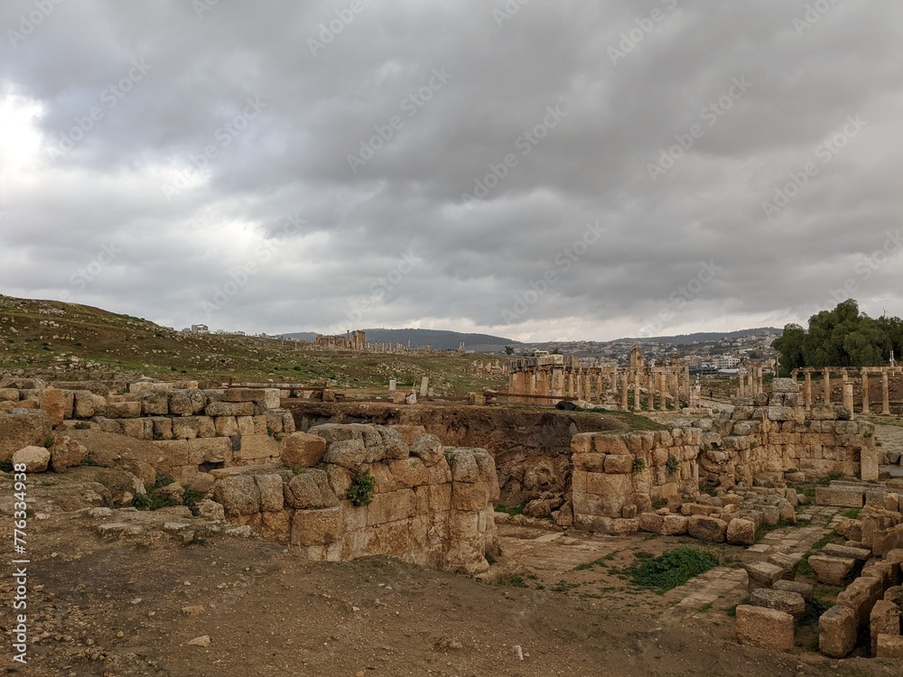 Jerash city ancient Roman structures,Gerasa, Jordan, hippodrom, amphiteatre,theatres and columns of the ancient Roman civilization made out of sand and