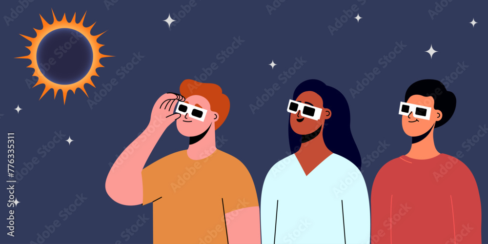 A group of people wearing safety glasses watch a solar eclipse. Vector illustration - obrazy, fototapety, plakaty 