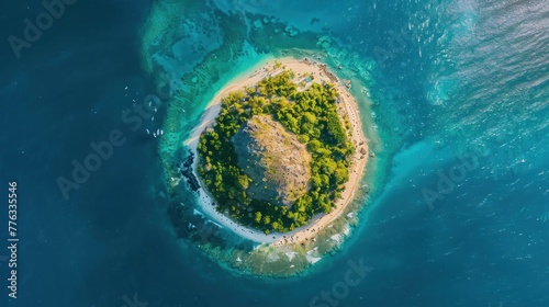 tropical island with palm trees. Colorful sea top view