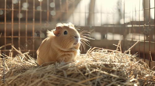 A solitary guinea pig sitting atop a pile of hay in its cage, with warm sunlight streaming in through the window, casting soft shadows