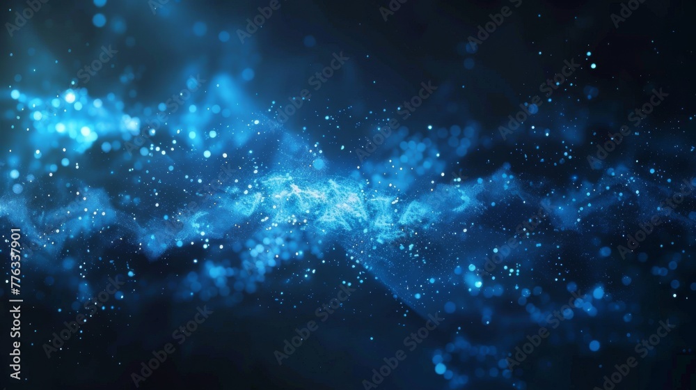 Blue sparkling particles in a cosmic dust cloud formation. Digital space concept background for banner, wallpaper, header.
