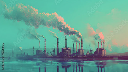 Illustration of industrial pollution  with colorful smokestack emissions against a teal sky  highlighting environmental issues. 