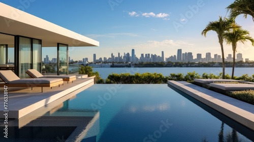 Modern villa with a private rooftop infinity pool overlooking the Miami skyline in Florida