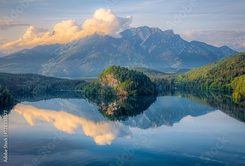 An island in the middle of a lake beneath the mountains